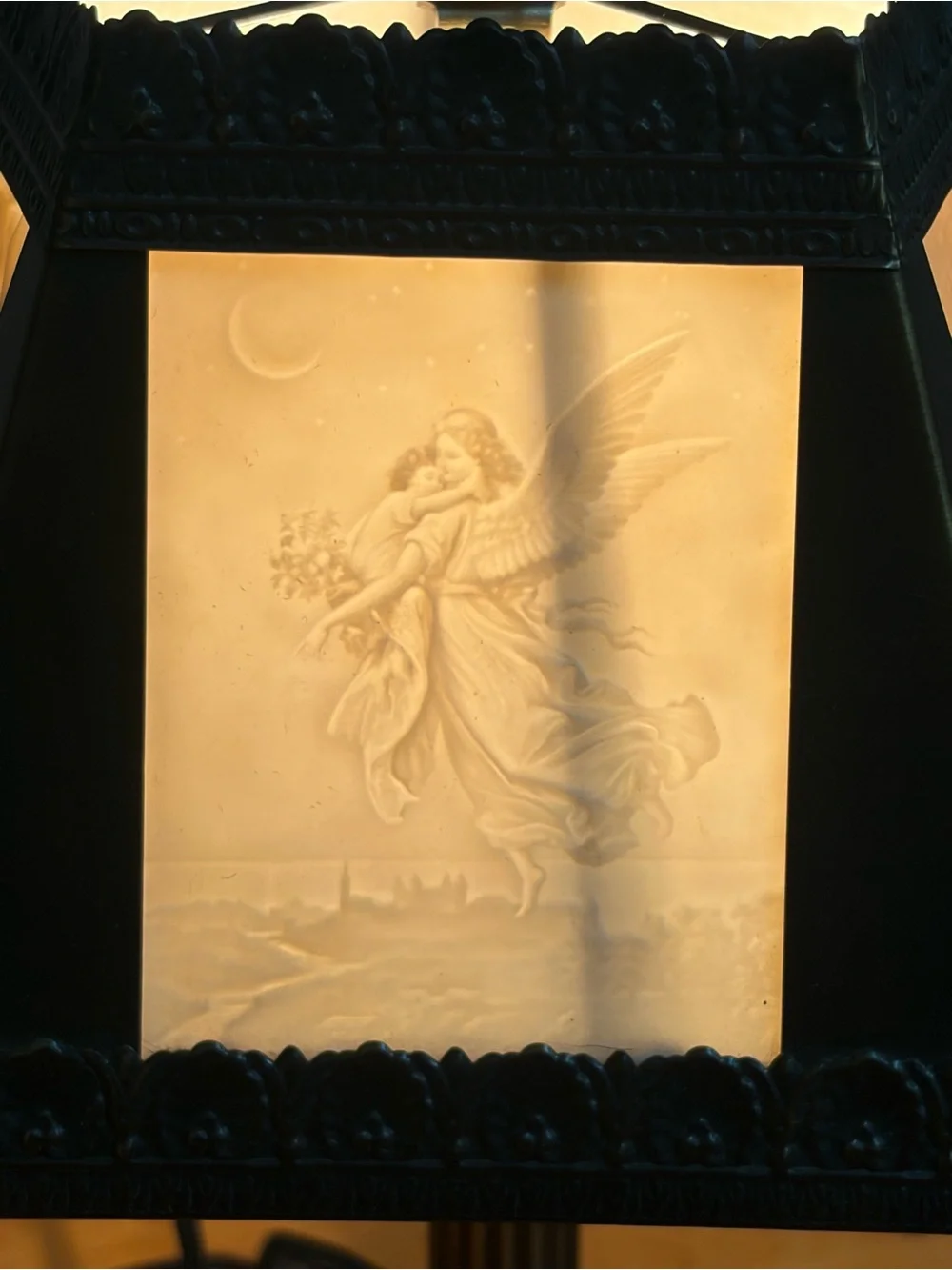 Vintage Lithophane Panel Table Lamp Cherub Angel Art Nouveau Victorian Revival